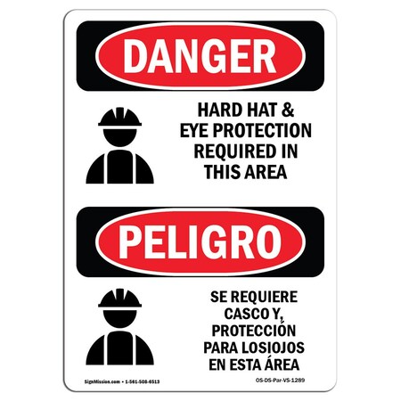 Signmission OSHA, Hard Hat Eye Protection Required Bilingual, 14in X 10in Rigid Plastic, 10" W, 14" H, Spanish OS-DS-P-1014-VS-1289